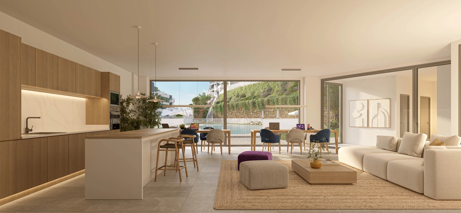 De co-working lounge waar bewoners comfortabel kunnen werken, vergaderen of ontspannen.