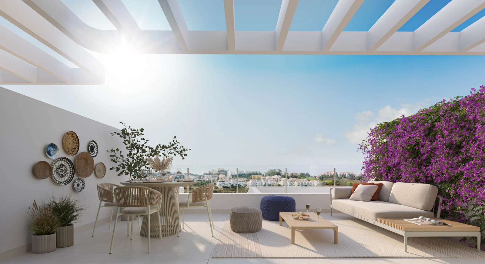 Het uitgestrekte dakterras biedt een privéruimte om te zonnebaden en te genieten van het panoramische uitzicht.