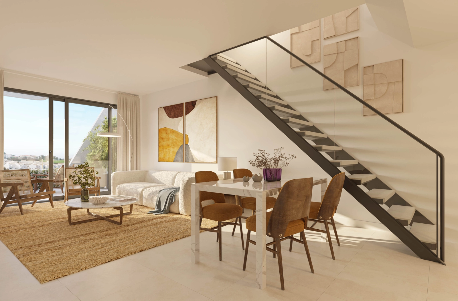 De stijlvolle duplex appartementen kenmerken zich door dubbelhoge ruimtes en eigentijdse designelementen.