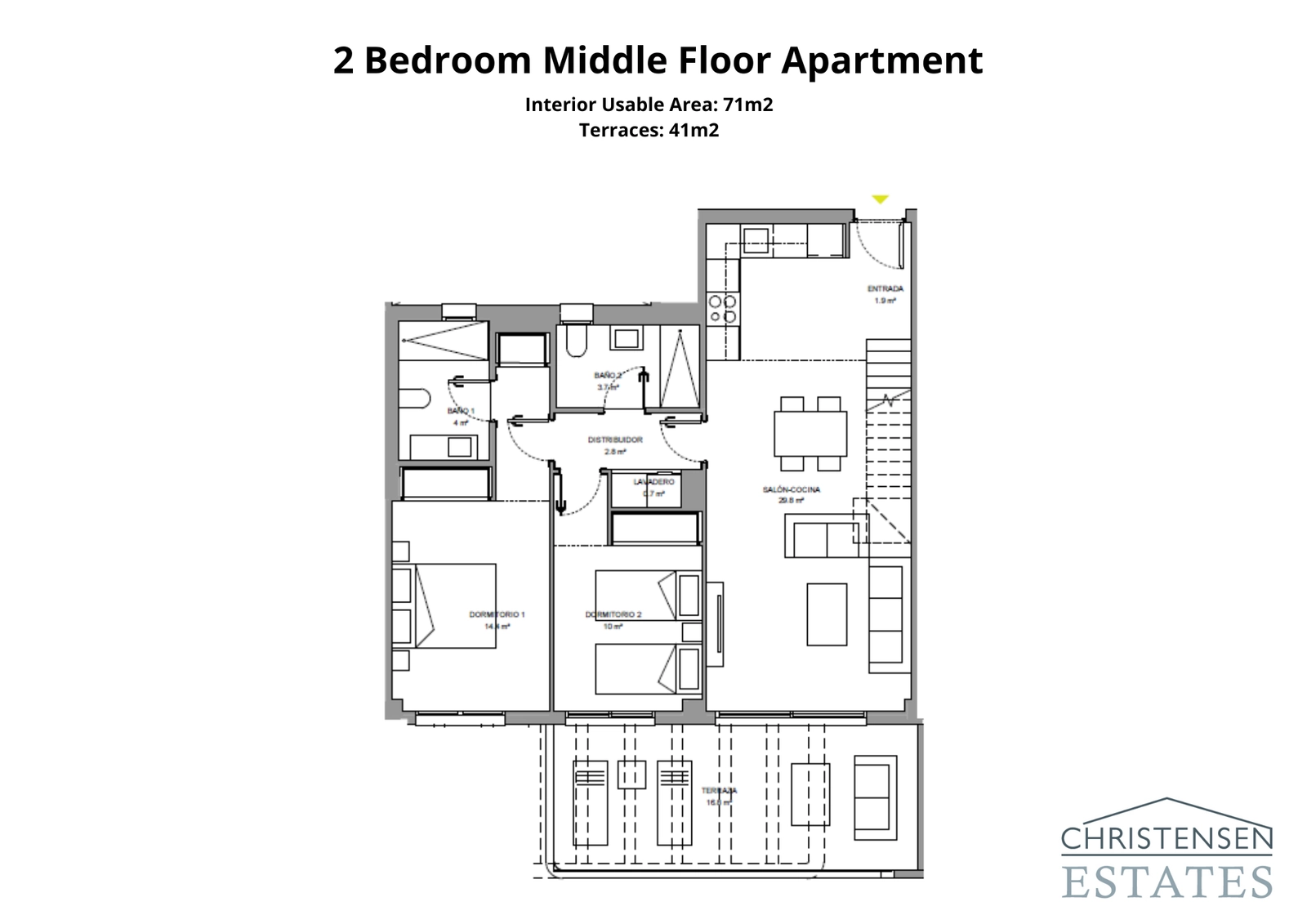 Indeling van een appartement met twee slaapkamers, ontworpen voor comfort met een royaal terras om te genieten van het klimaat van de Costa del Sol.