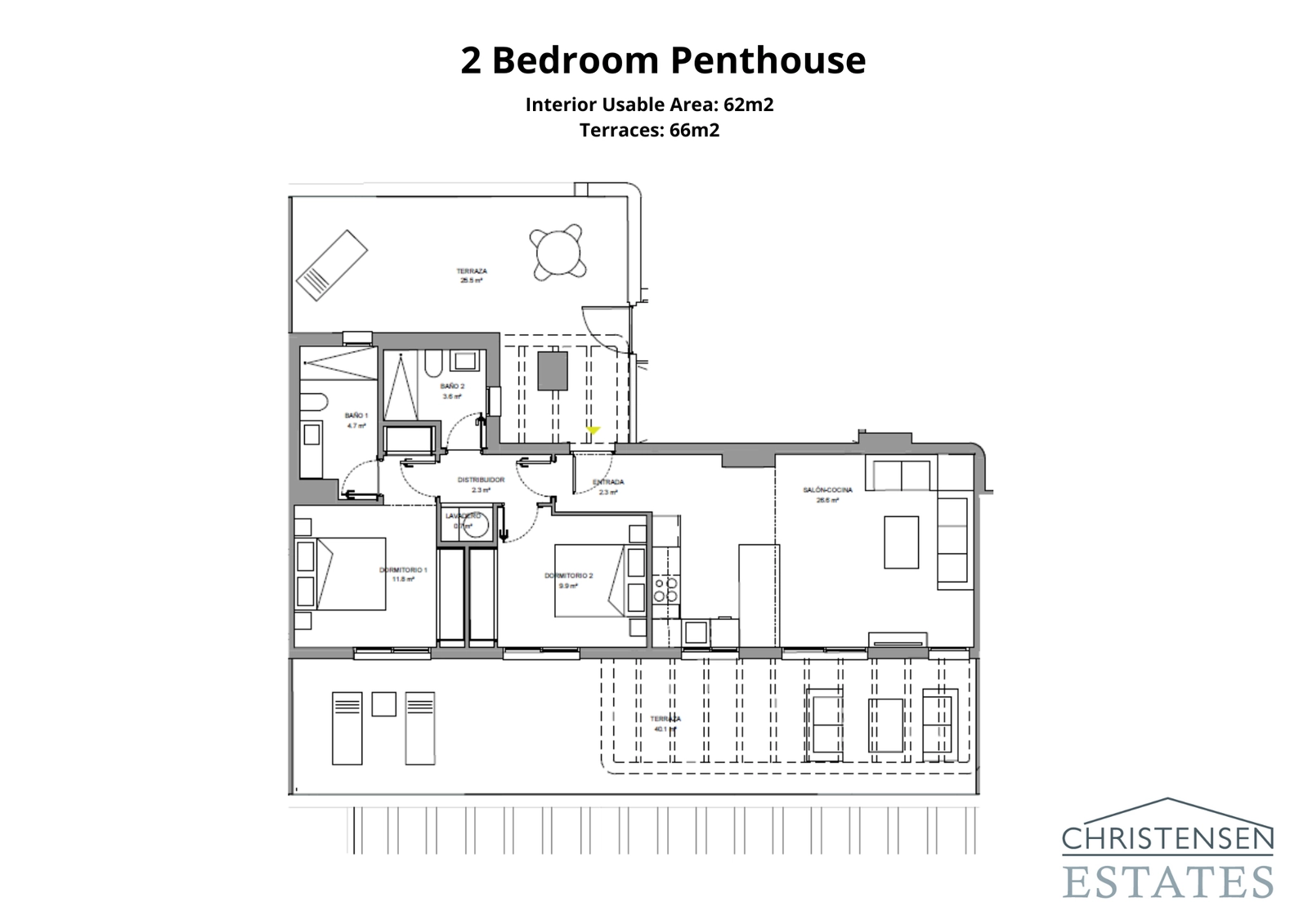 De plattegrond van het tweeslaapkamer penthouse toont een uitgestrekt terras, dat een exclusieve ruimte biedt met uitzonderlijk uitzicht.