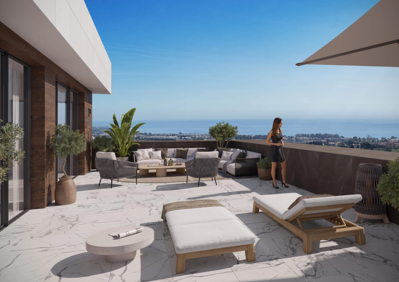 Ruime terrassen bieden een ononderbroken uitzicht op de Middellandse Zee.