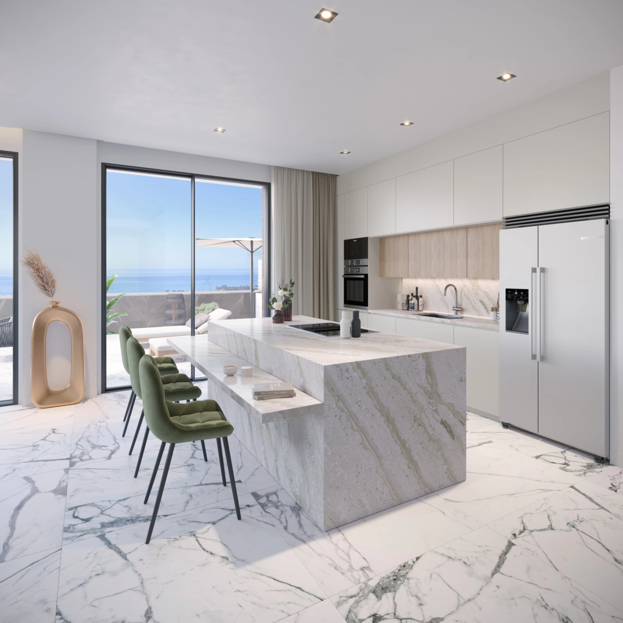 Een moderne, volledig uitgeruste keuken met een stijlvol eiland en hoogwaardige afwerkingen.