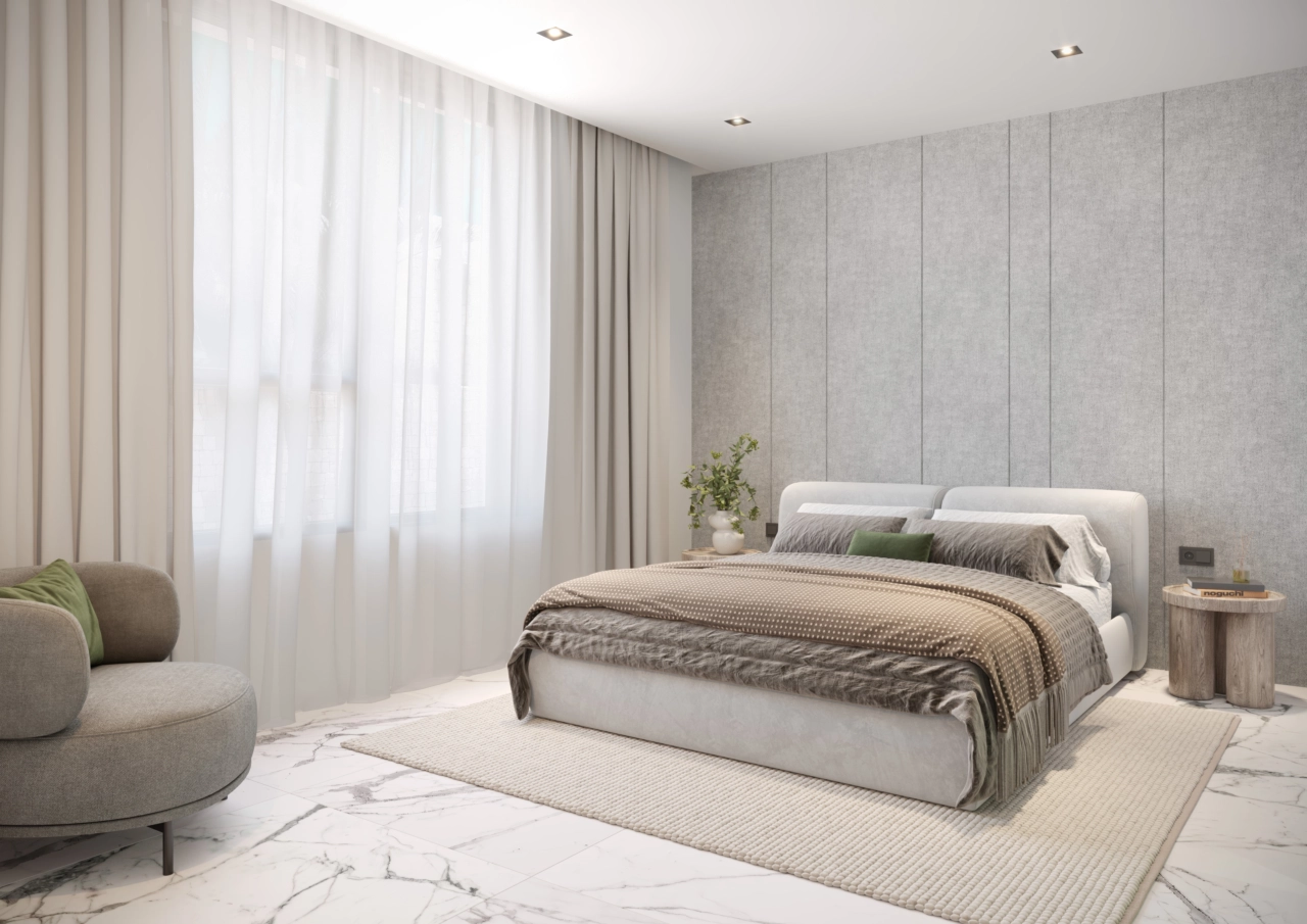 Een rustige en ruime slaapkamer, ontworpen voor ultiem comfort en ontspanning.