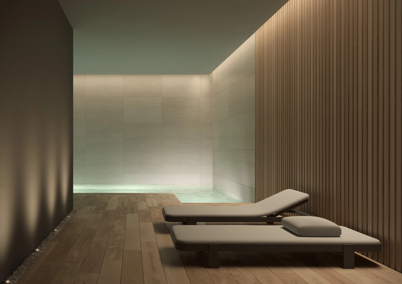 De serene spa, met een verwarmd binnenzwembad voor het hele jaar door plezier.