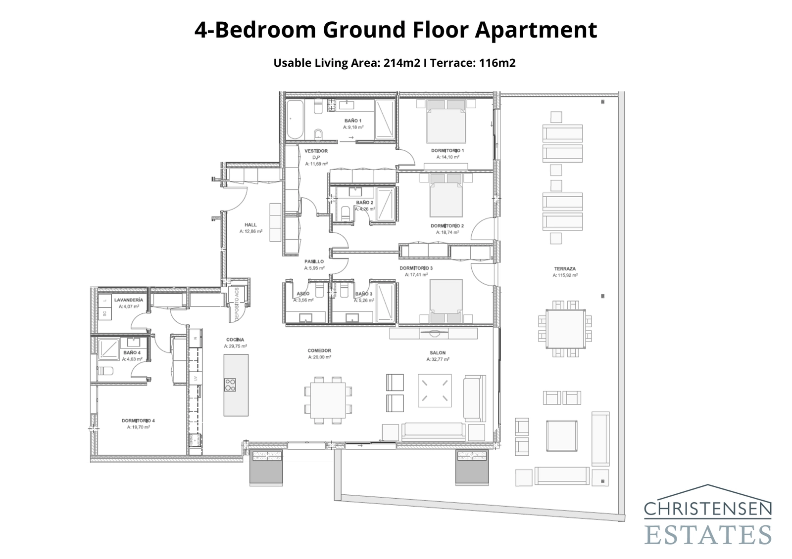 Een prachtige indeling op de begane grond met vier slaapkamers, met ruime leefruimtes die uitkomen op een zeer groot terras, ideaal voor gezinnen en entertainment.