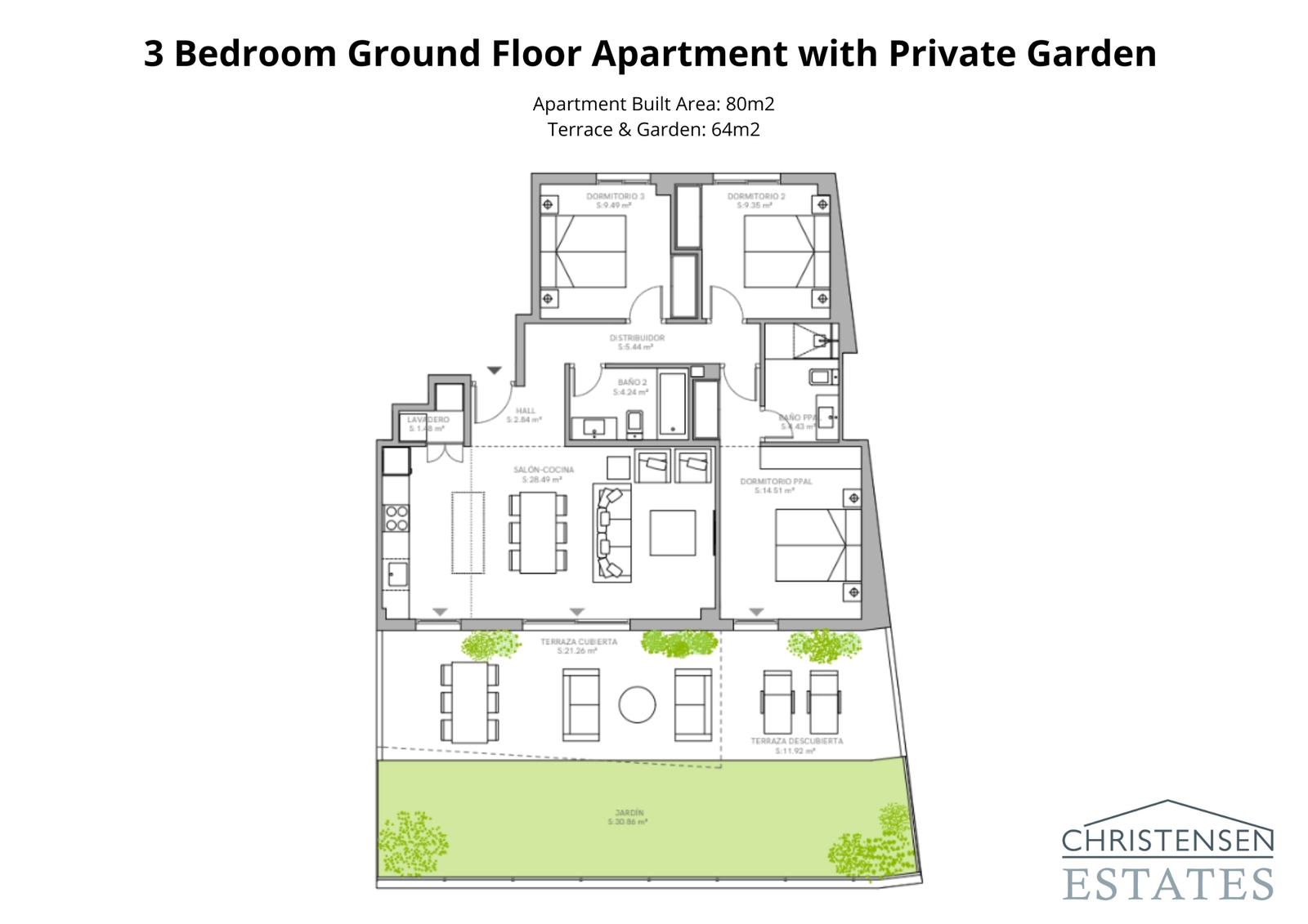Plattegrond voor de woning met drie slaapkamers op de begane grond, die de royale binnenruimte en grote privétuin benadrukt, perfect voor buitenleven.