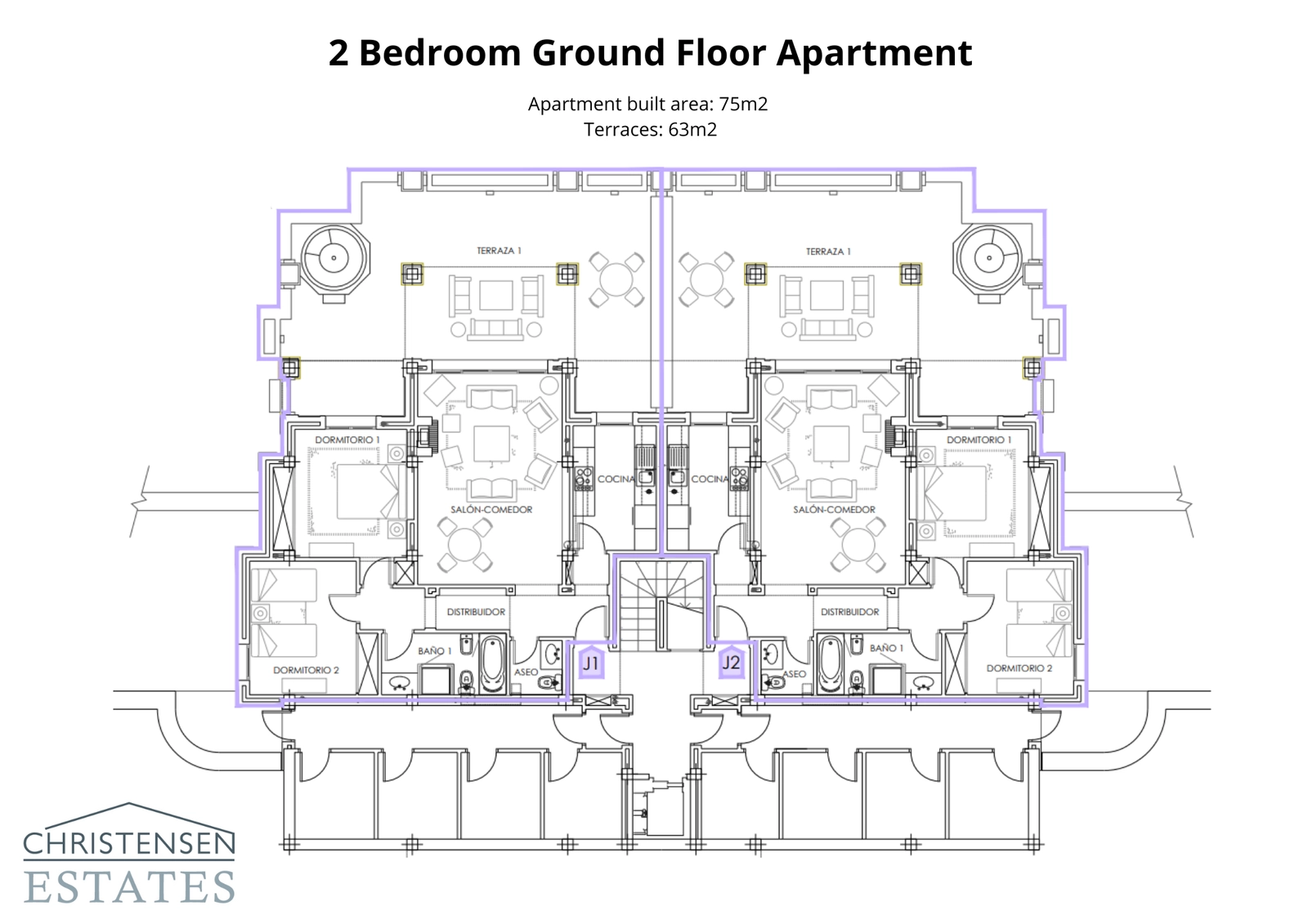 Plattegrond van een gelijkvloers appartement met twee slaapkamers, met de nadruk op het ruime terras dat de woonruimte naar buiten uitbreidt.