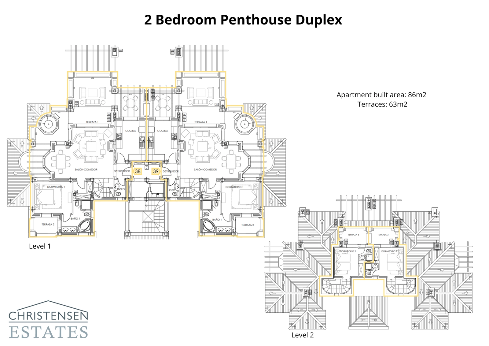 De indeling van het duplex penthouse met twee slaapkamers, met woonruimtes en terrassen verdeeld over twee verdiepingen voor een verhoogde levensstijl.