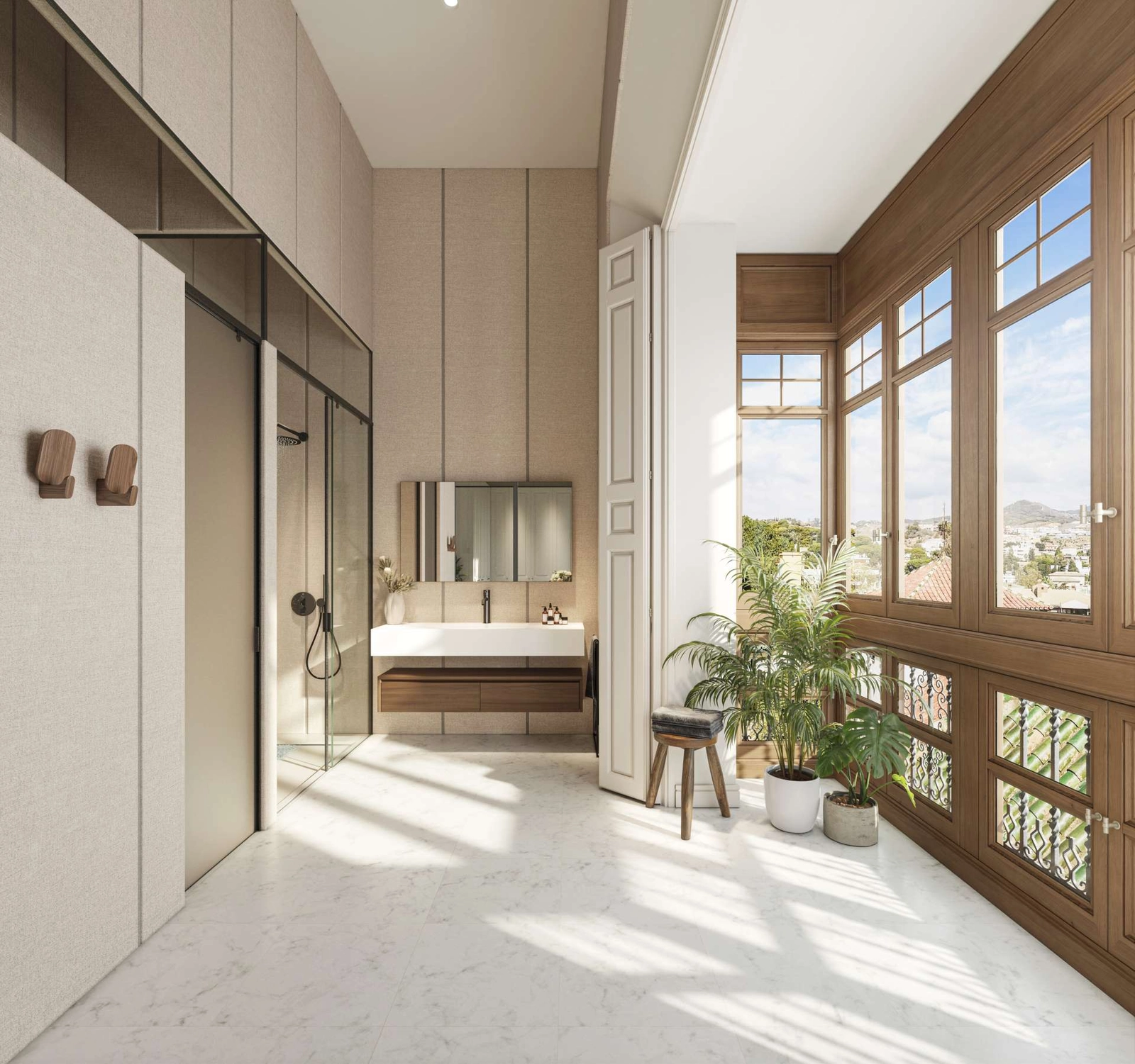 Lichte badkamers kenmerken historische details zoals deze prachtige erker, wat een unieke ruimte voor ontspanning creëert.