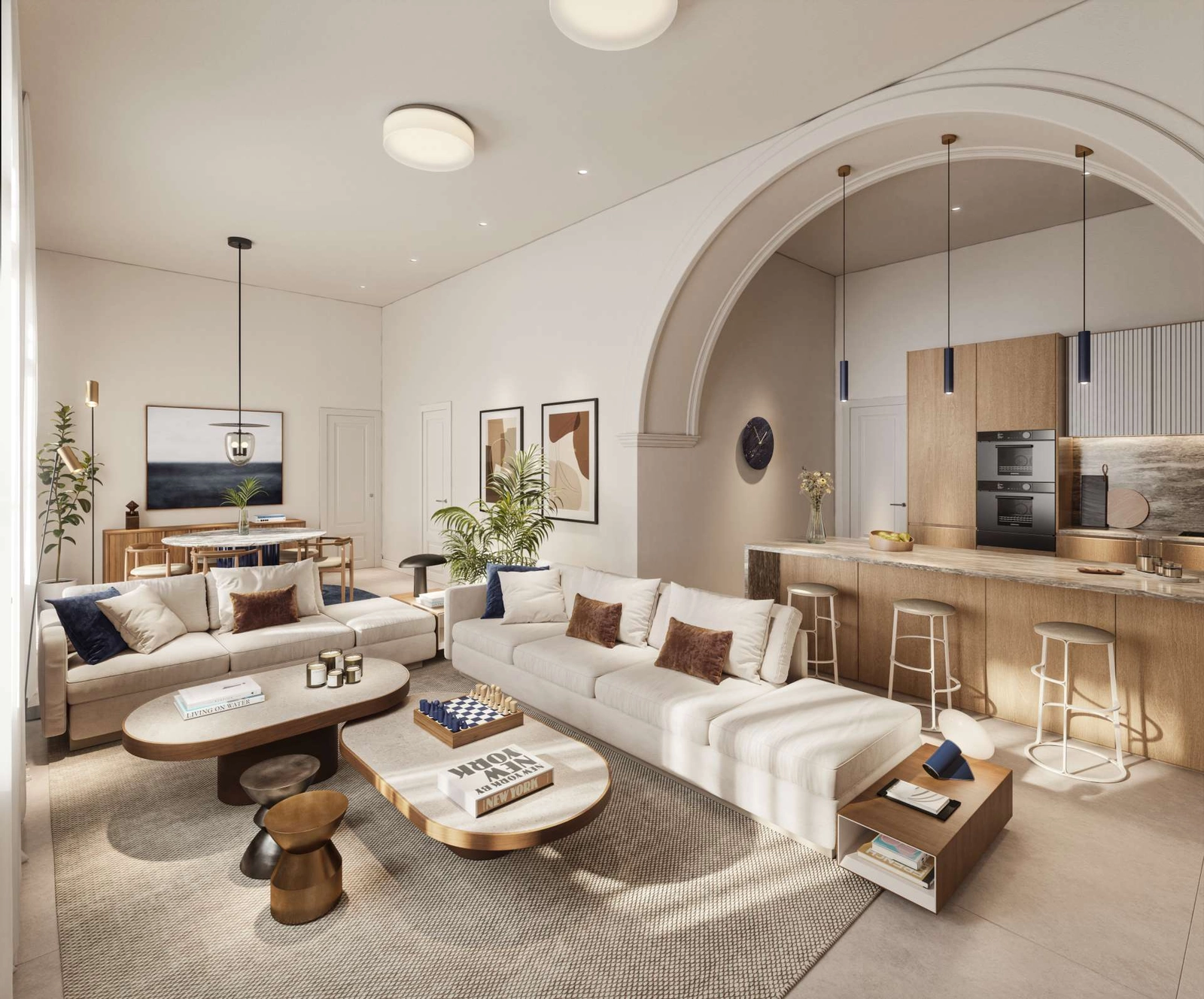 Ruime open woonruimtes zijn ontworpen voor comfort, waarbij modern design wordt gecombineerd met klassieke architectonische details.