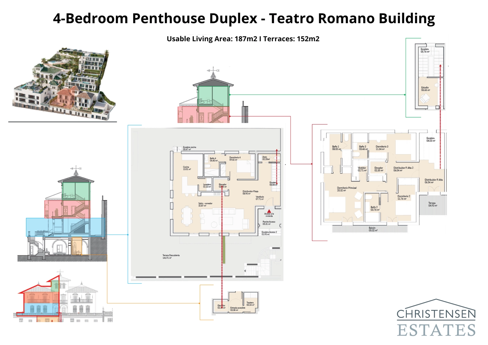 Het duplex penthouse met vier slaapkamers in het Teatro Romano-gebouw biedt een riante woonoppervlakte verdeeld over twee verdiepingen met royale terrassen voor een uitzonderlijke levensstijl.