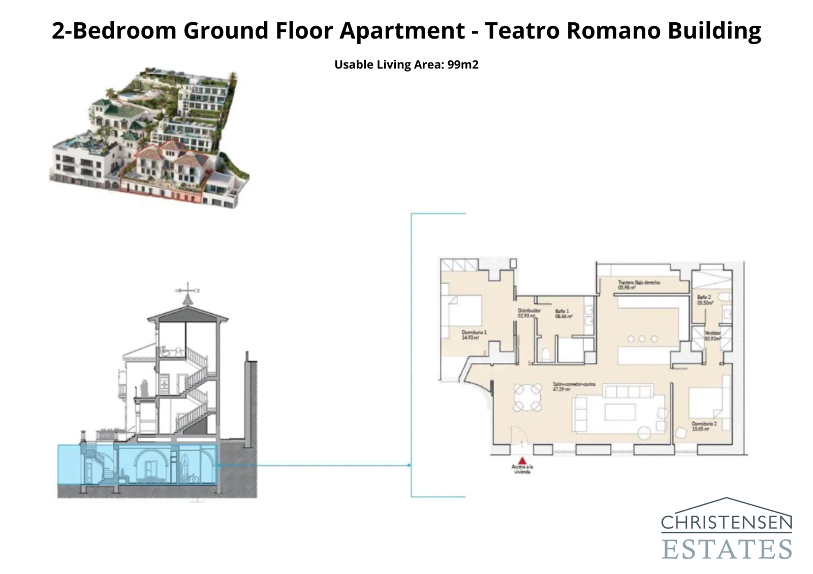 Deze begane grond woning met twee slaapkamers in het Teatro Romano-gebouw biedt ruime interieurs en gemakkelijke toegang tot een privéterras.