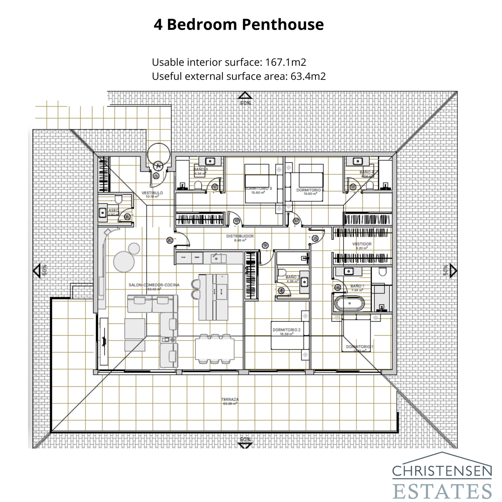 De exclusieve penthouse-indeling met vier slaapkamers biedt uitgestrekte interieurs en een groot terras voor ultiem luxe wonen.