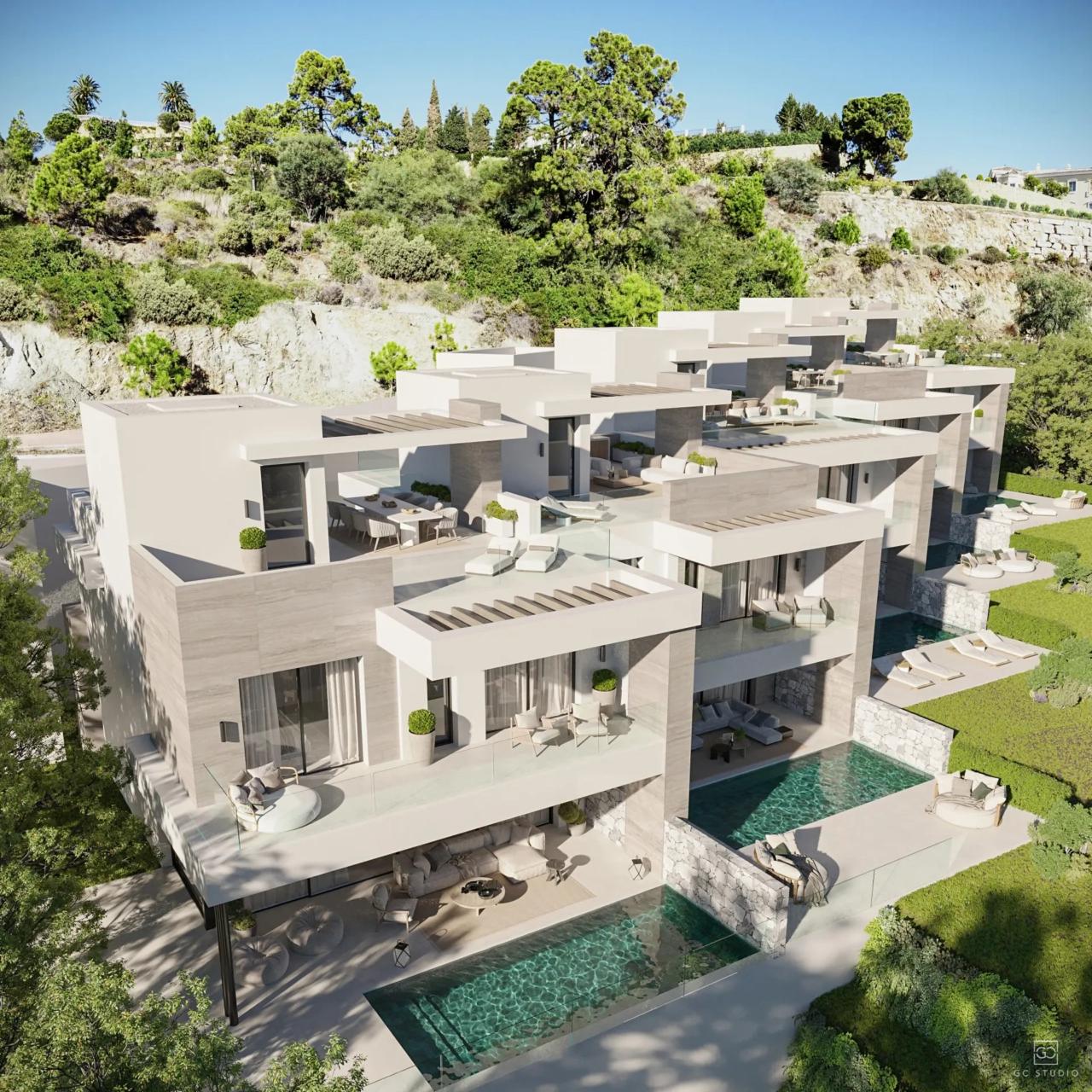 Verbluffende eigentijdse architectuur die harmonieus opgaat in de natuurlijke omgeving.