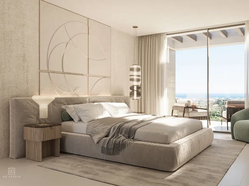 De master suite, een vredig toevluchtsoord met directe toegang tot het terras en een prachtig uitzicht op zee.
