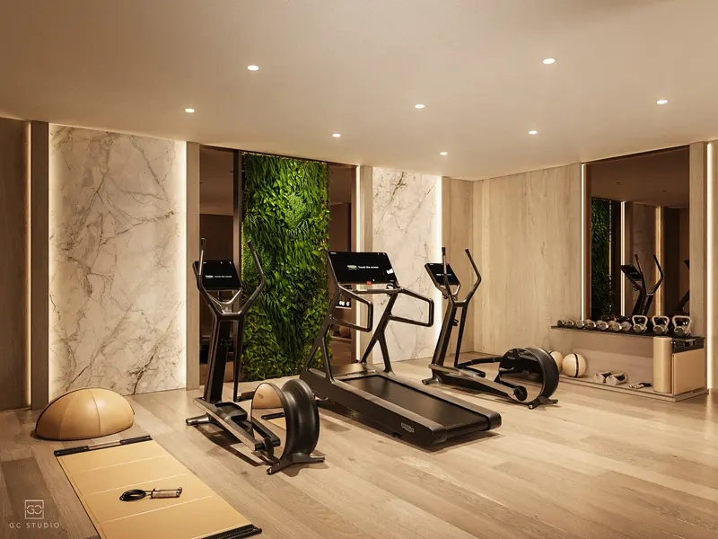 Een privé, volledig uitgeruste wellnessruimte om thuis uw fitnessroutine te onderhouden.