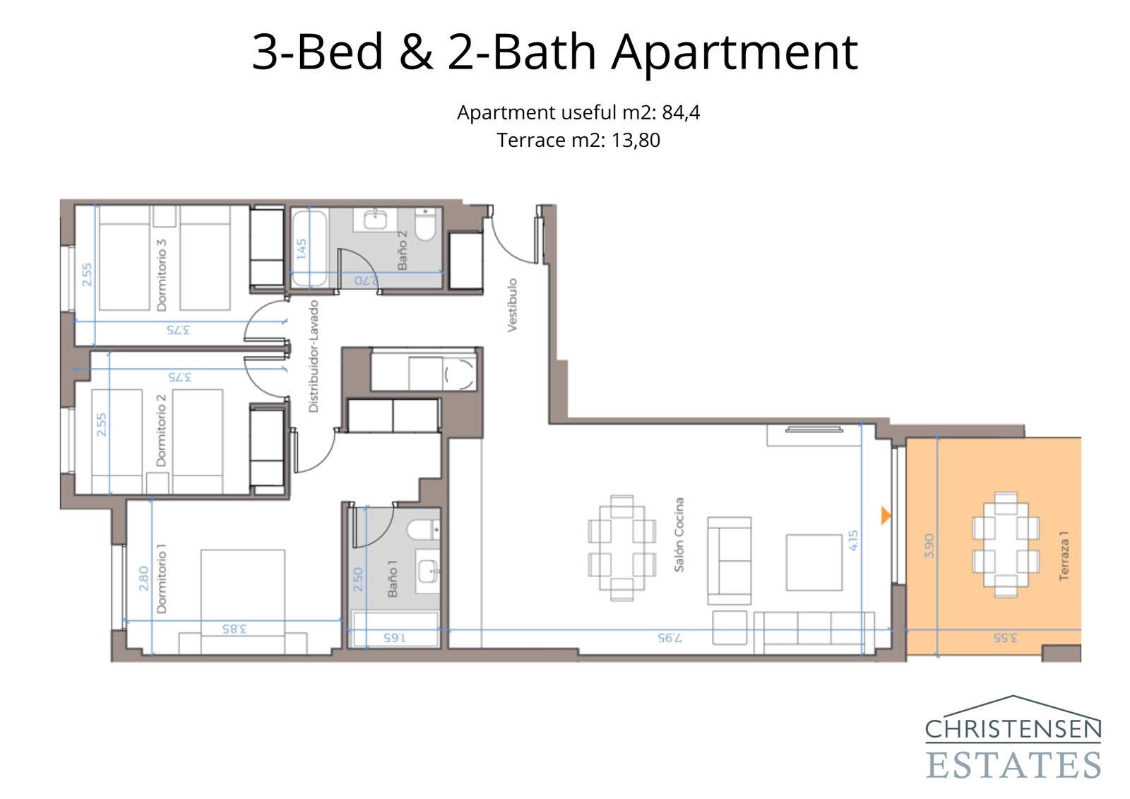 Ruime plattegrond van een appartement met drie slaapkamers, ontworpen voor comfort en functionaliteit met directe toegang tot buitenruimte.