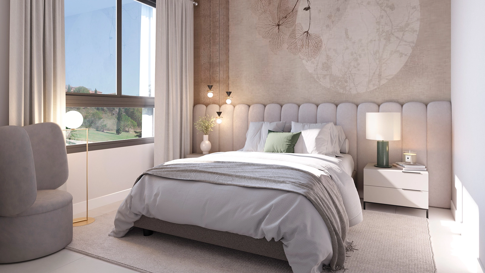 Elegante slaapkamers zijn ontworpen als rustige toevluchtsoorden, met veel natuurlijk licht en hoogwaardige afwerkingen.