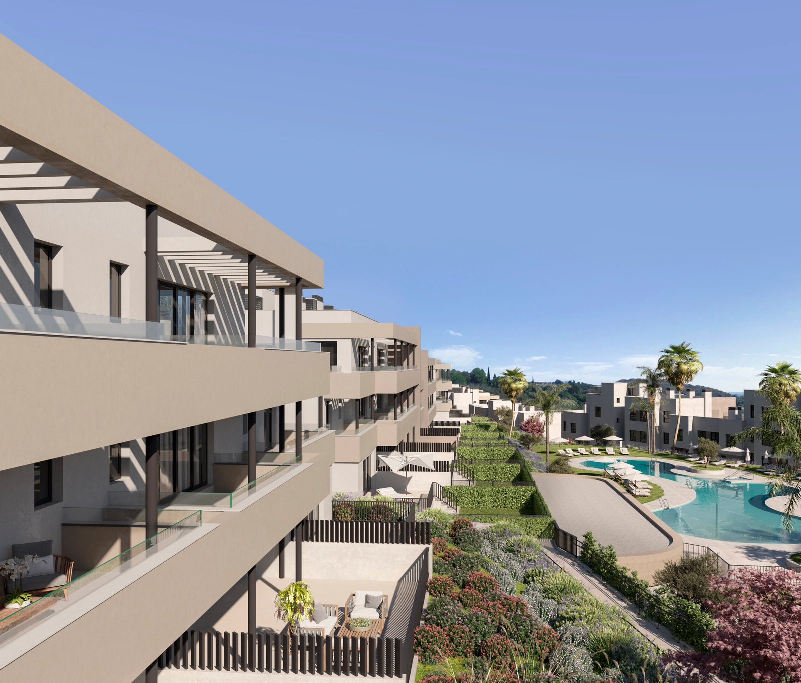 Het prachtige terrasvormige ontwerp van het complex zorgt voor privacy en een uitstekend uitzicht over de gemeenschappelijke ruimtes.