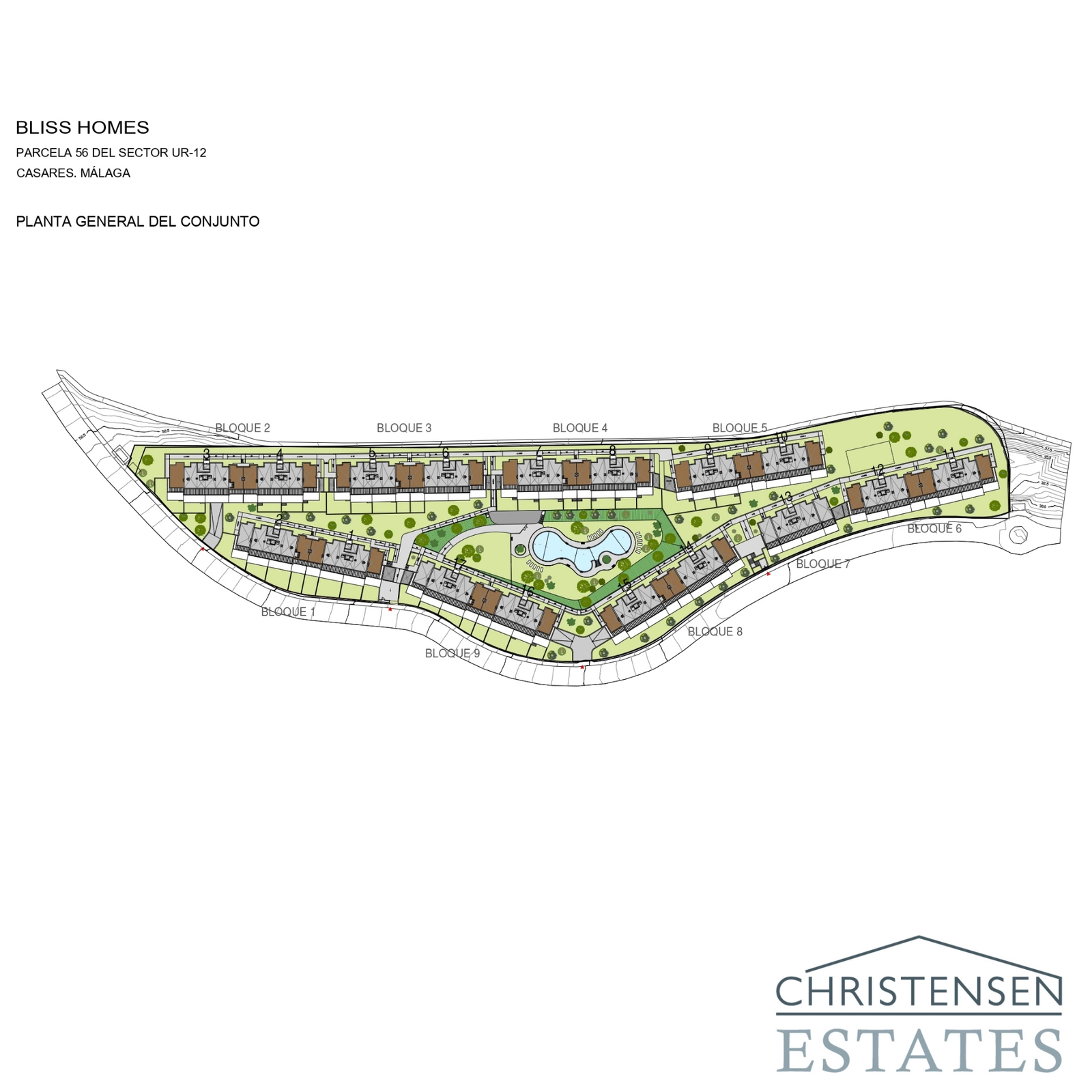 Dit locatieplan toont de algehele indeling van het complex, met de negen woonblokken, het gemeenschappelijke zwembad en de tuinen.