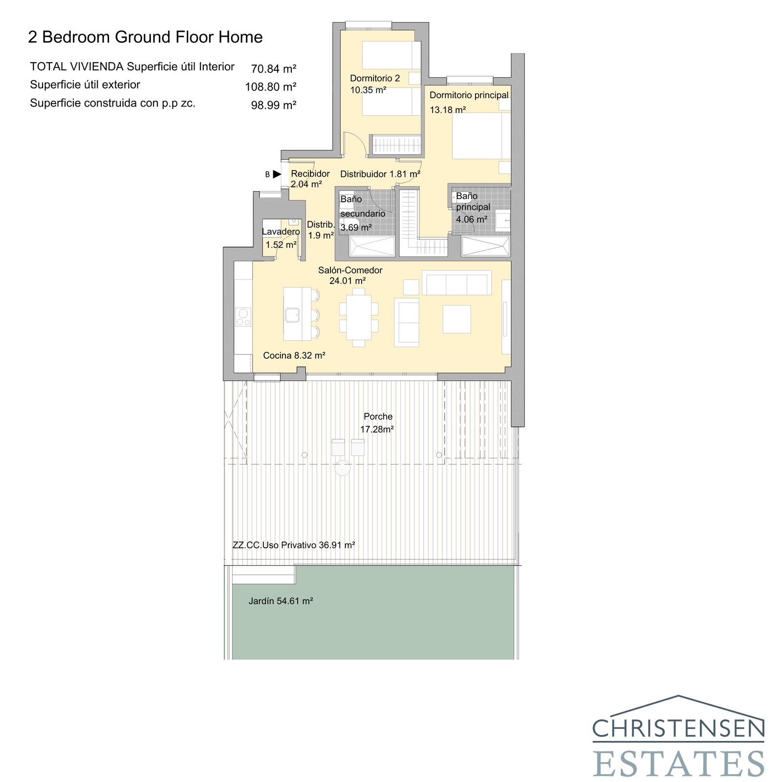 De plattegrond met twee slaapkamers heeft een slimme indeling met een open woonruimte die aansluit op een ruime veranda en privétuin.