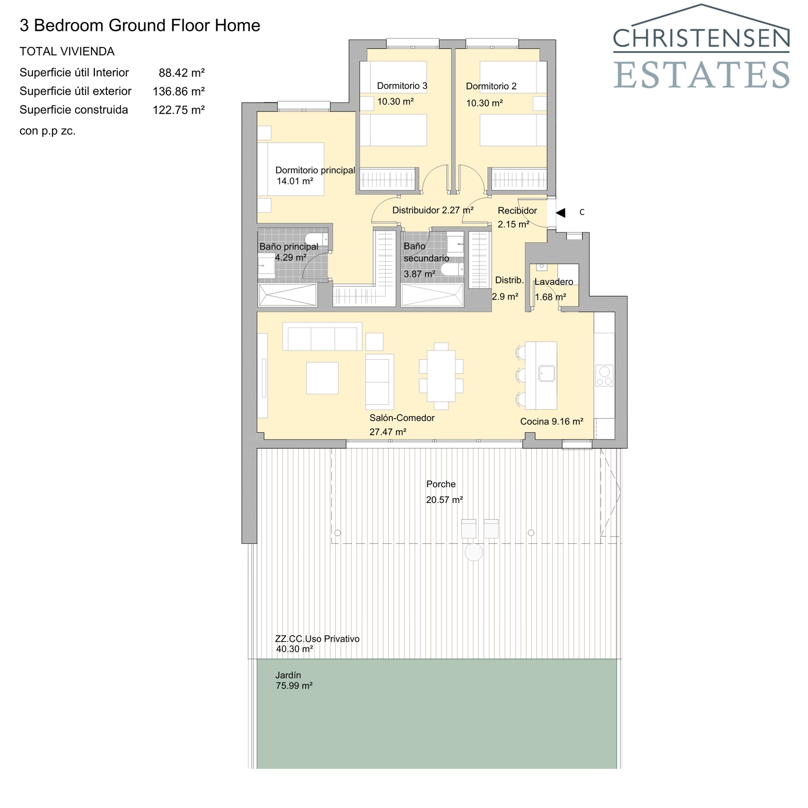 Deze indeling met drie slaapkamers biedt volop ruimte voor gezinnen, met een royale woon-eetkamer en directe toegang tot een privéveranda en -tuin.