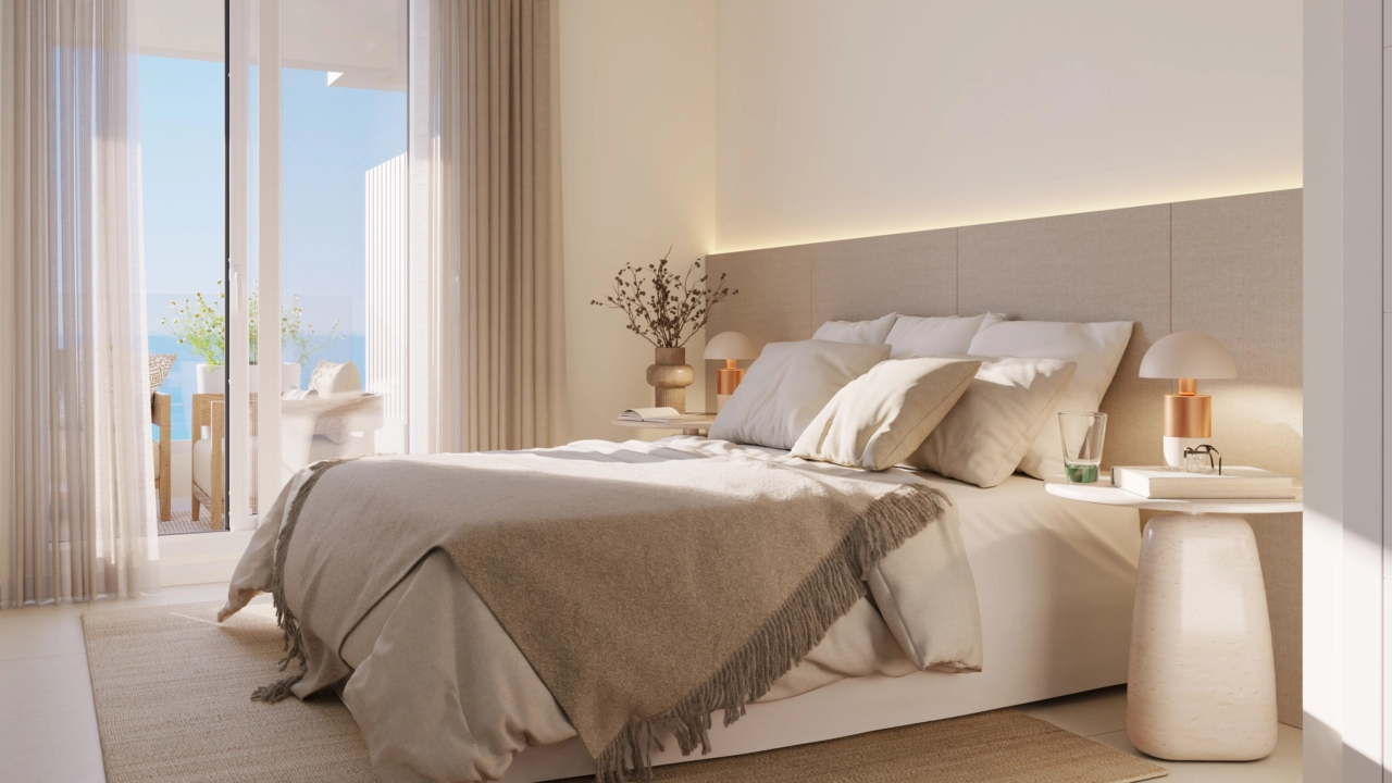 De hoofdslaapkamer biedt een serene retraite met directe toegang tot het terras.