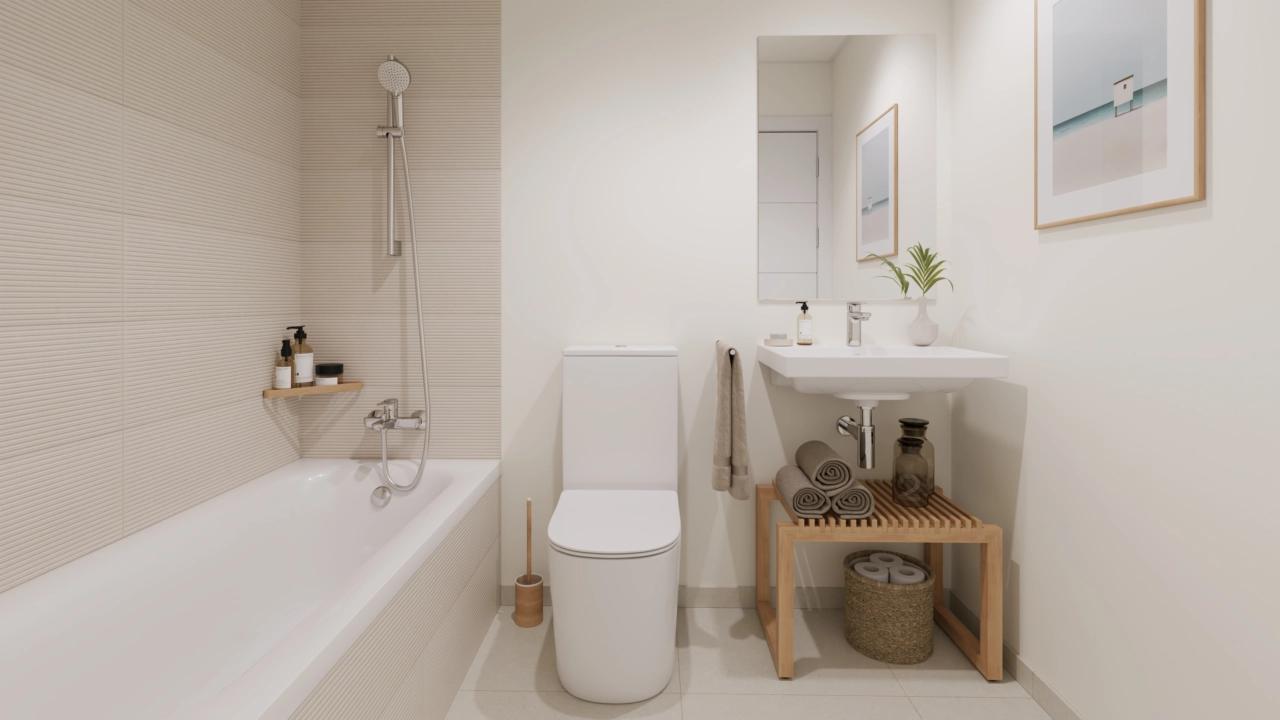 Een tweede goed uitgeruste badkamer met een volledig ligbad voor familie of gasten.