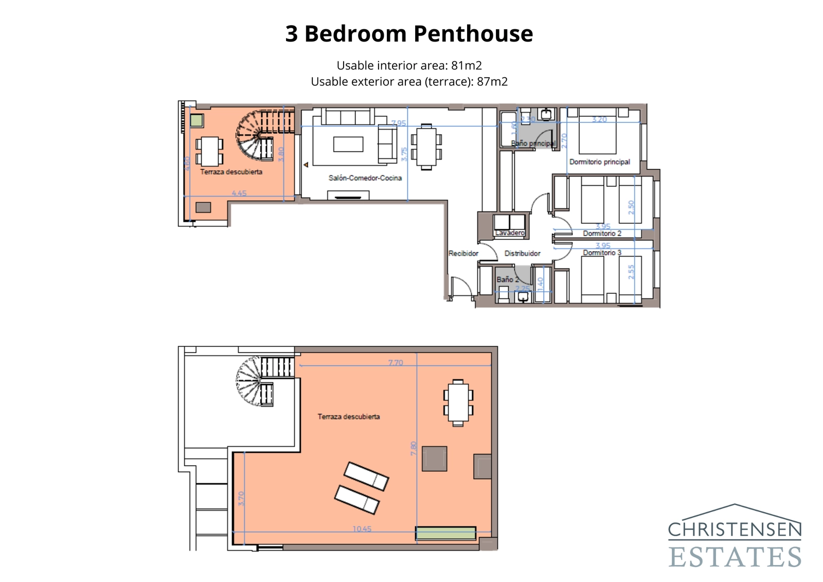 Een uitgebreide penthouse-indeling met drie slaapkamers en royale terrassen op beide verdiepingen, die voldoende ruimte bieden voor ontspanning en entertainment.