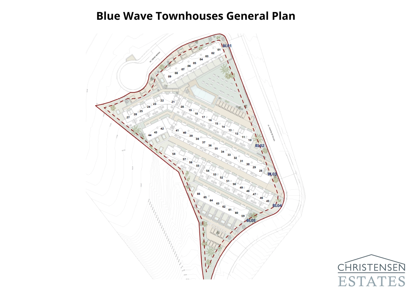 Het algemene terreinplan illustreert de doordachte positionering van de rijtjeswoningen om privacy te garanderen en het prachtige uitzicht op zee voor bewoners te optimaliseren.