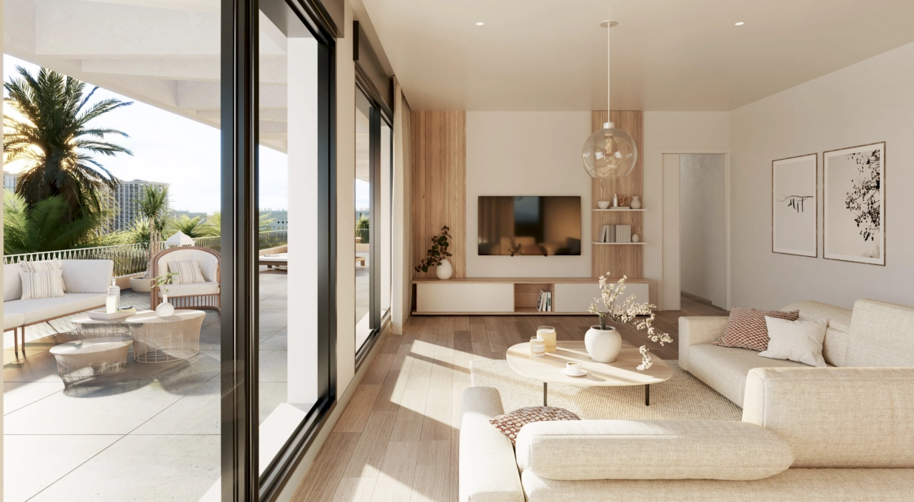 Een lichte, uitnodigende woonkamer die naadloos aansluit op een ruim privéterras, perfect om te genieten van het klimaat van de Costa del Sol.