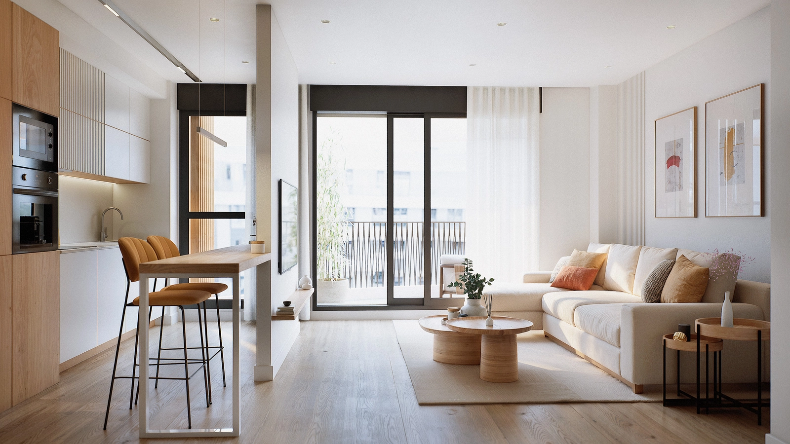 Een open leefruimte waar de moderne keuken, eethoek en lounge samenvloeien, wat zorgt voor een gevoel van ruimte en licht.