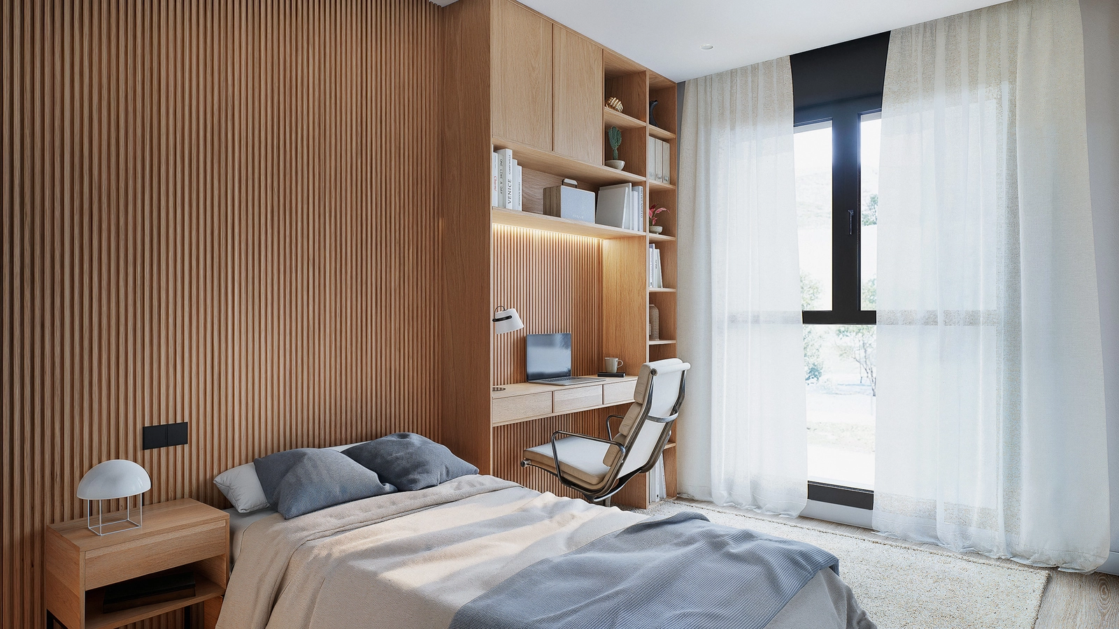 Een goed ontworpen tweede slaapkamer, compleet met een geïntegreerd bureau en opbergruimte, perfect voor familie of een thuiskantoor.