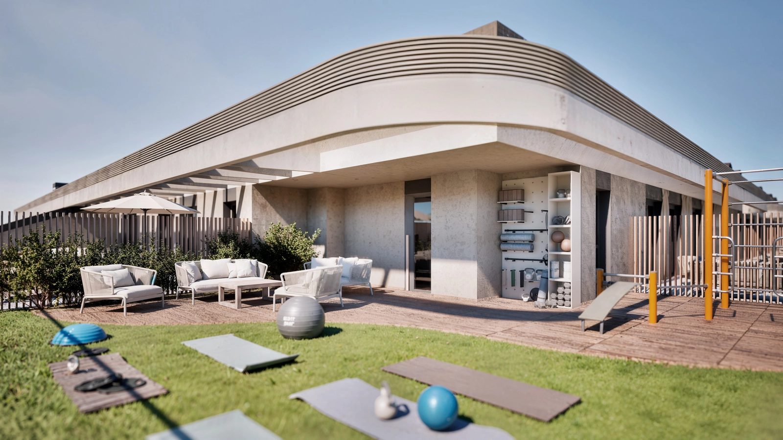 De 'Flex Zone' op het dak, een buitenruimte voor yoga en calisthenics, ontworpen voor gezondheid en welzijn.