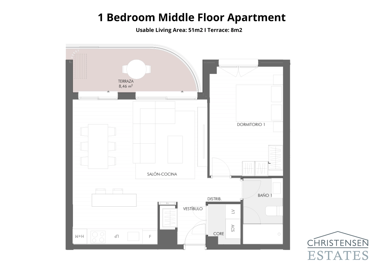 Plattegrond van een appartement met één slaapkamer, ontworpen voor modern wonen met een efficiënt ruimtegebruik en een comfortabel privéterras.