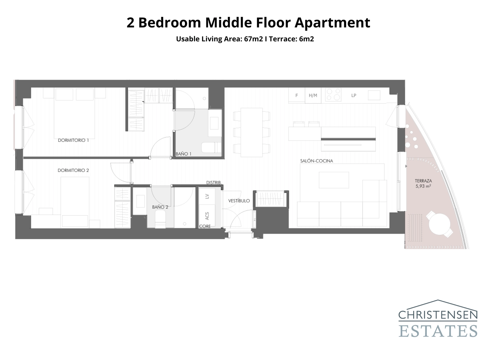 Plattegrond van een appartement met twee slaapkamers, met een slimme indeling die slaapruimtes scheidt van de open leefruimte voor extra comfort.