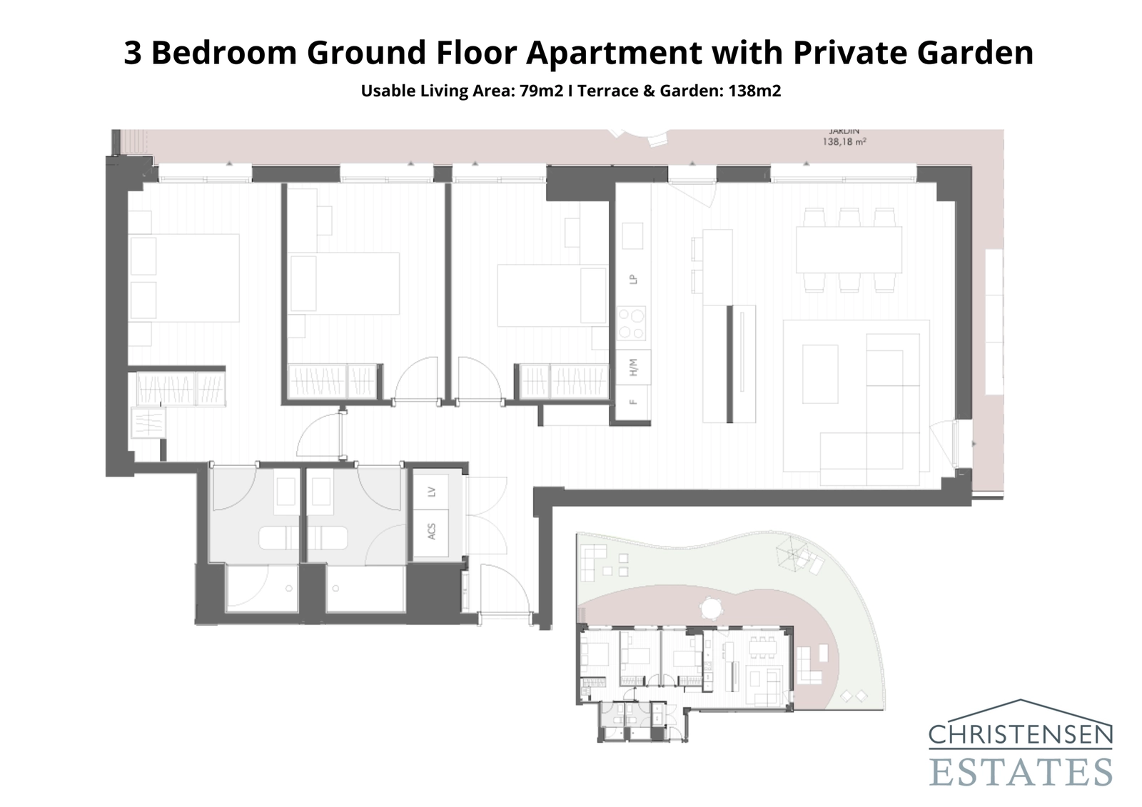 Plattegrond van een appartement met drie slaapkamers op de begane grond, met directe toegang tot een royaal terras en een privétuin, waardoor de leefruimte naar buiten wordt uitgebreid.