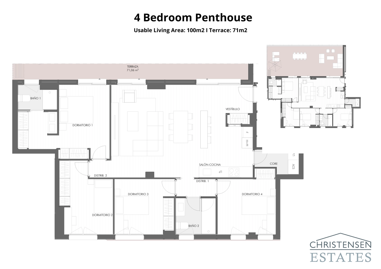 Plattegrond van een penthouse met vier slaapkamers, met een ruime woonkamer en een groot terras, perfect om te genieten van panoramische uitzichten.