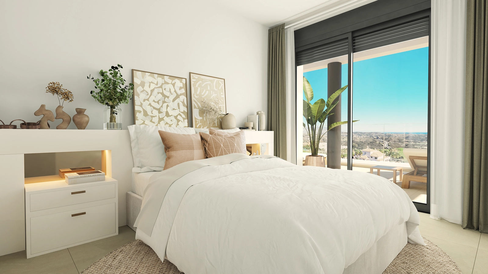 Logeerkamers zijn licht en uitnodigend, met directe toegang tot buiten.