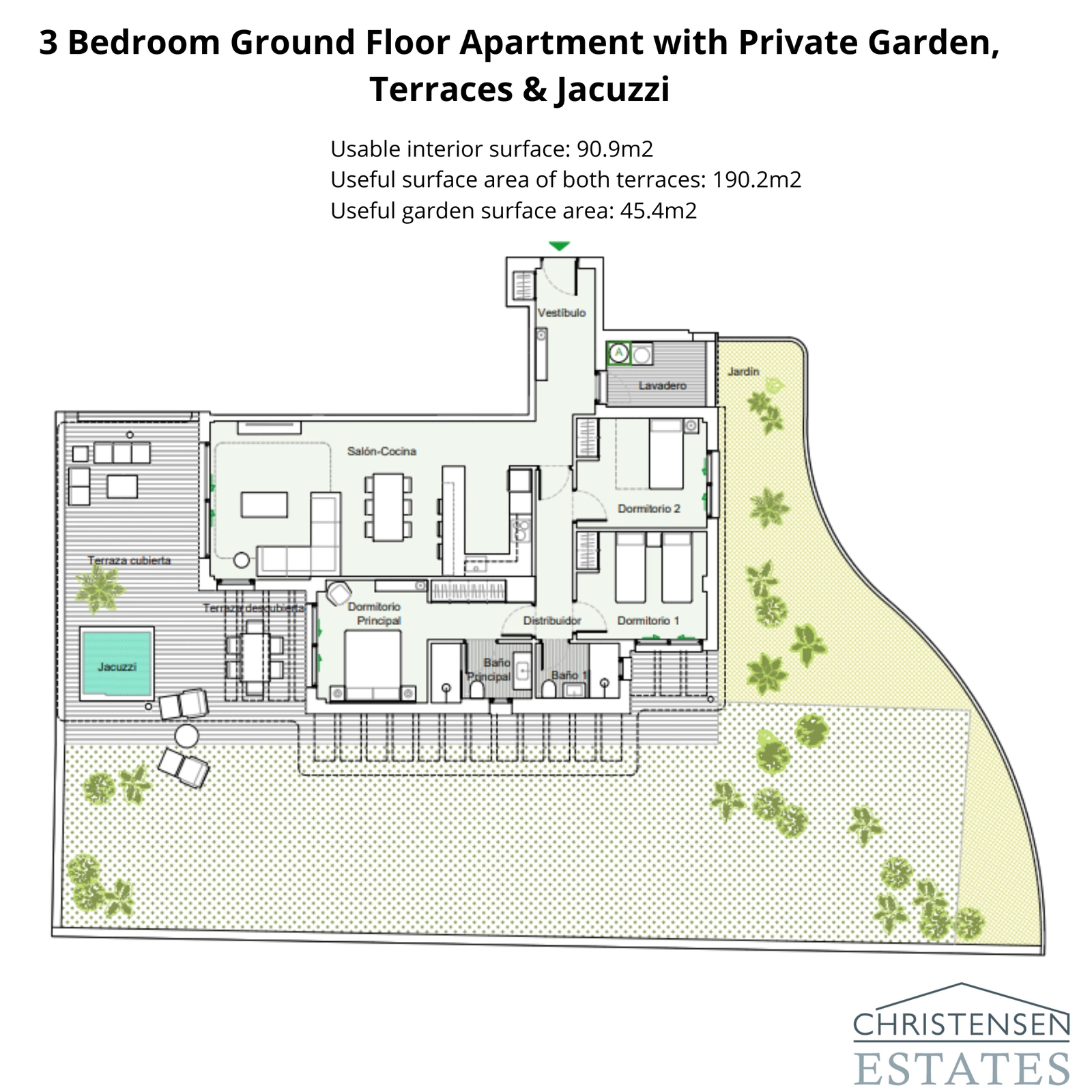Een ruime indeling van een driekamer appartement op de begane grond met een grote privétuin en terras.