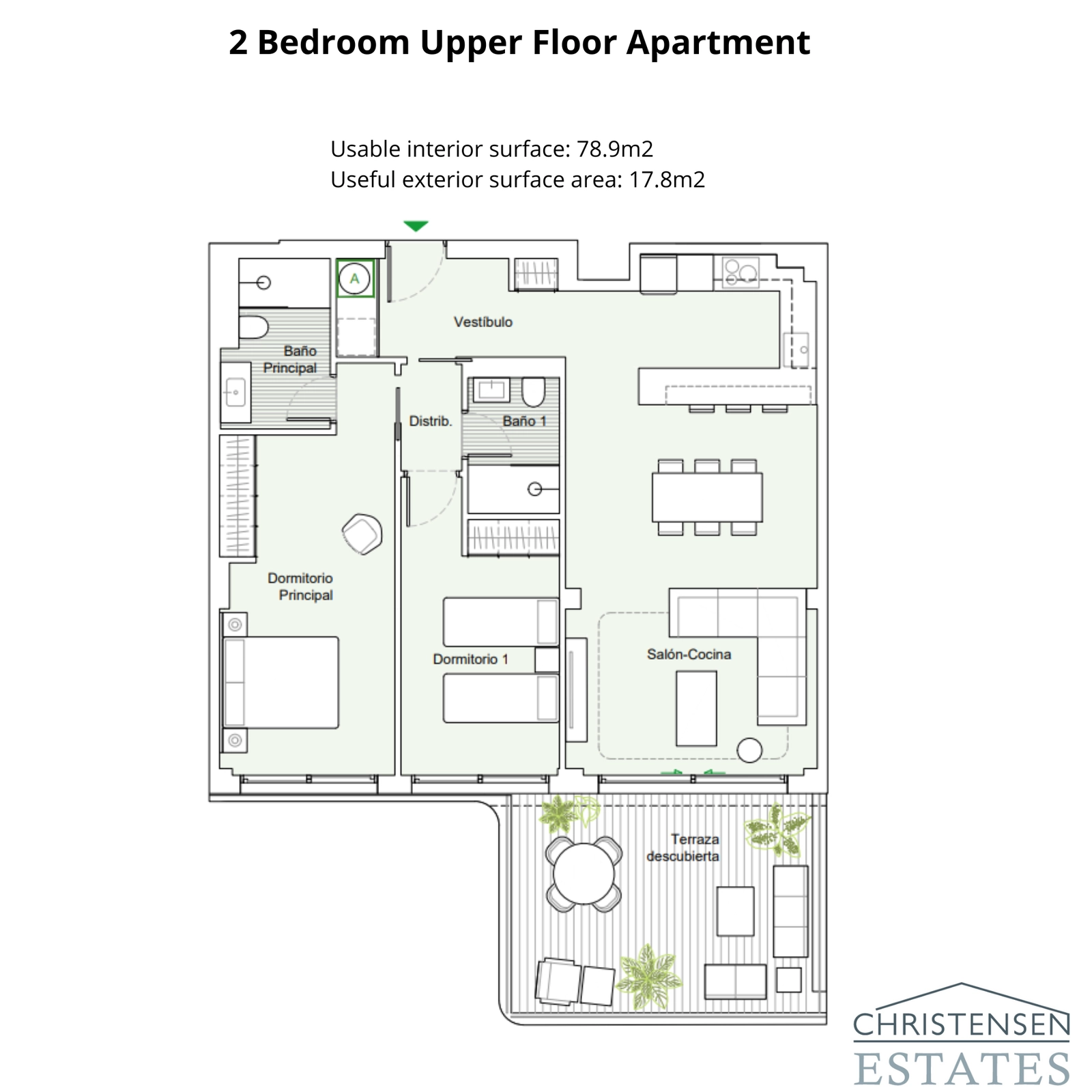 Een elegant tweekamer appartement, ontworpen om licht en uitzicht vanaf het terras te maximaliseren.