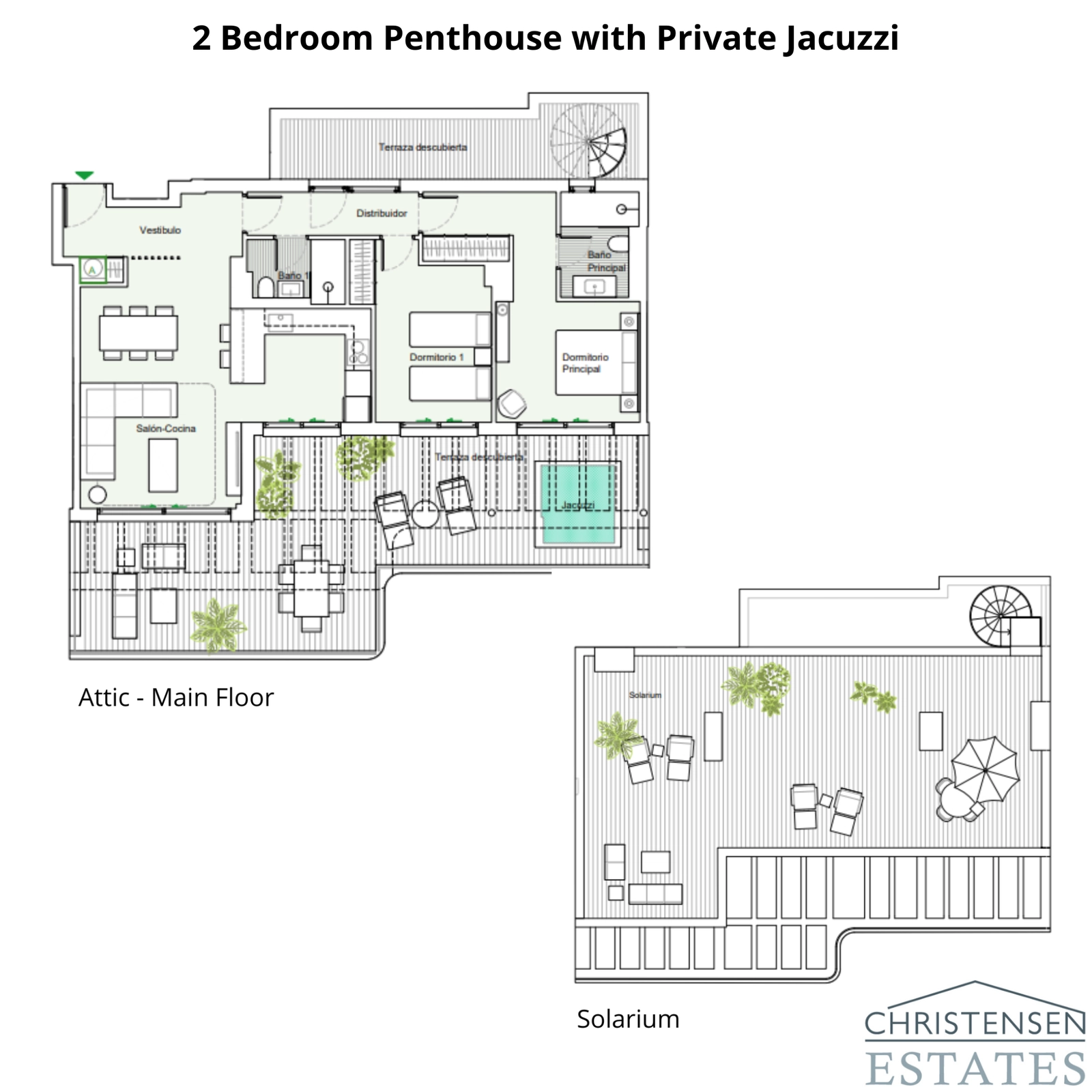 De exclusieve indeling van het tweekamer penthouse, met een groot terras en een privé dakterras.