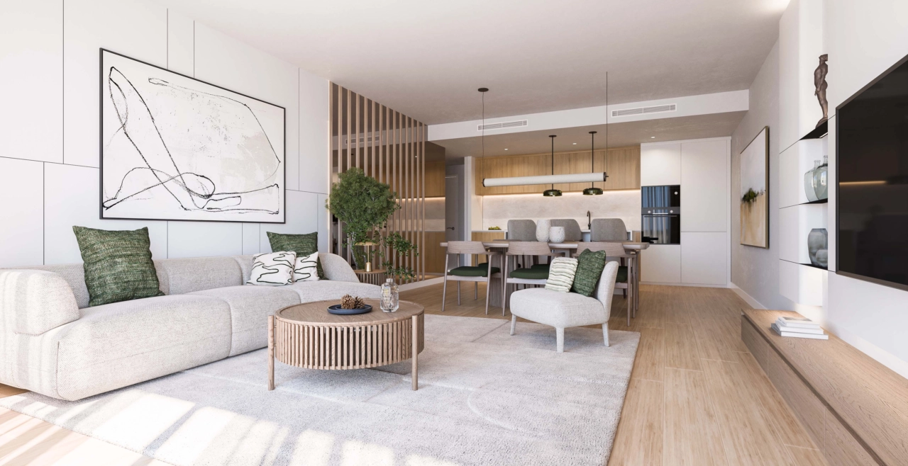 Hedendaagse interieurs met hoogwaardige materialen en een verfijnd, neutraal kleurenpalet.