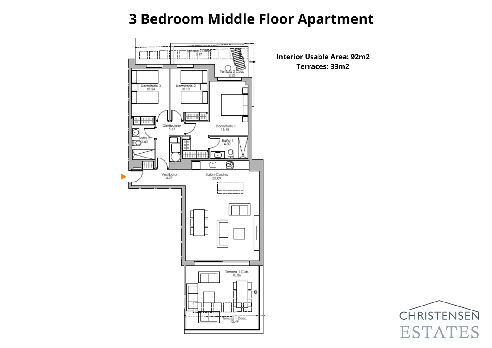Appartement met drie slaapkamers op de middenverdieping – Een goed verdeeld ontwerp dat ruimte en natuurlijk licht maximaliseert, met een groot terras om van het uitzicht te genieten.