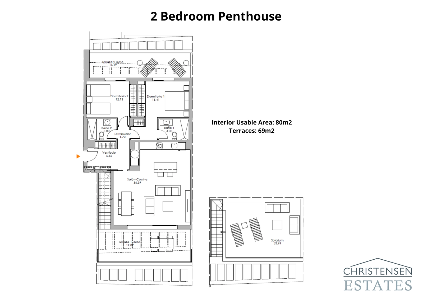 Penthouse met twee slaapkamers – Het ultieme in luxe wonen; deze indeling omvat een spectaculair dakterras (solarium) voor privé zonnebaden en amusement.