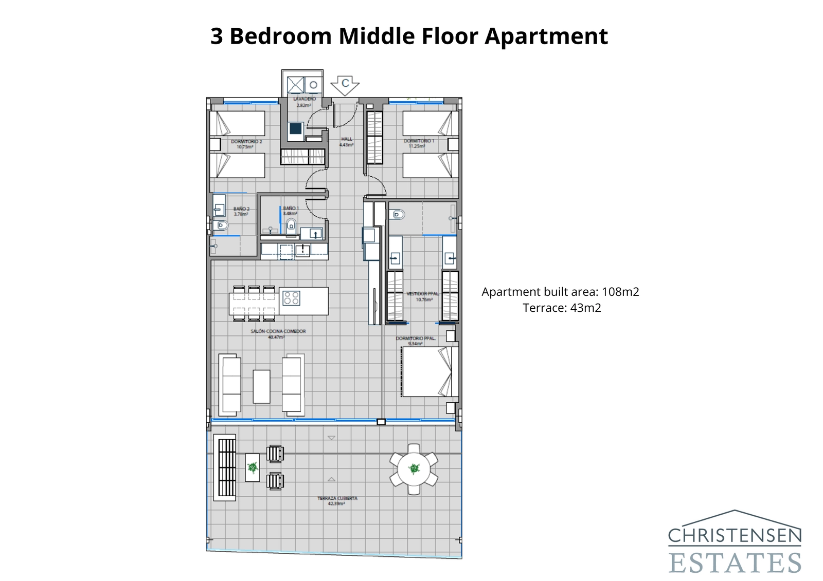 Een goed ontworpen plattegrond van een appartement met drie slaapkamers, dat comfort, privacy en een ruim terras biedt om te genieten van het klimaat van de Costa del Sol.