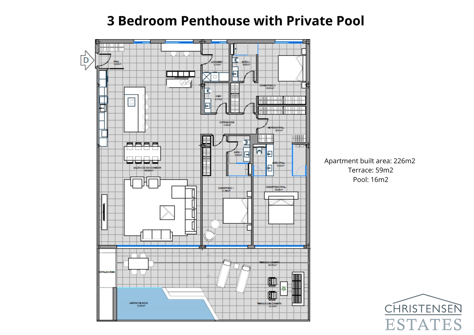 De exclusieve plattegrond van de 'Sky Villa' penthouse met drie slaapkamers, met ruime woonvertrekken, een privézwembad en een ongeëvenaard panoramisch uitzicht.
