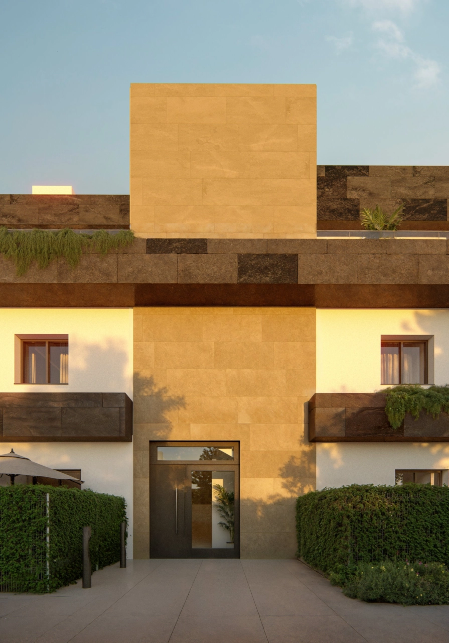 Een gedetailleerd zicht op de moderne architectuur en de hoofdingang van de woningen.