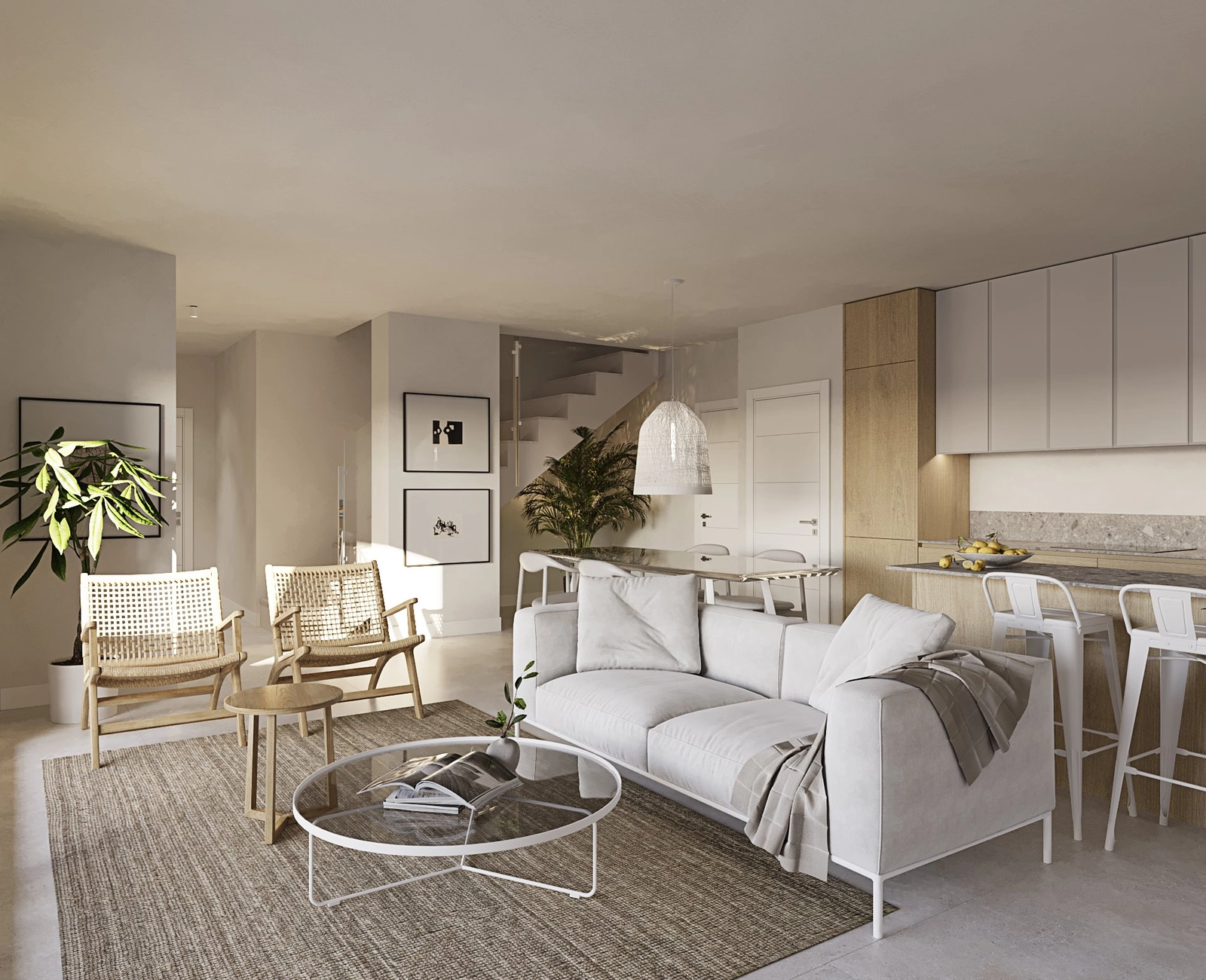 Een lichte en uitnodigende woonruimte, ontworpen voor comfort en modern wonen.